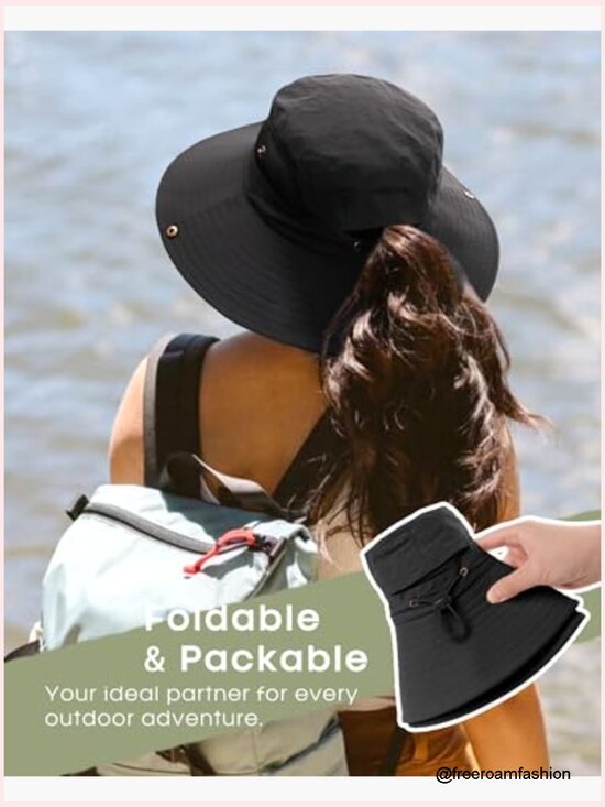 Sun Hat with Ponytail Hole Wide Brim UPF 80+ Foldable Bucket Hat Outdoor Hiking